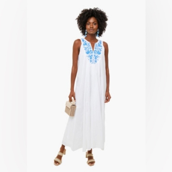 Tuckernuck NWT Boho Preppy White and Blue Embroidered Floral Maxi Dress - Picture 2 of 8